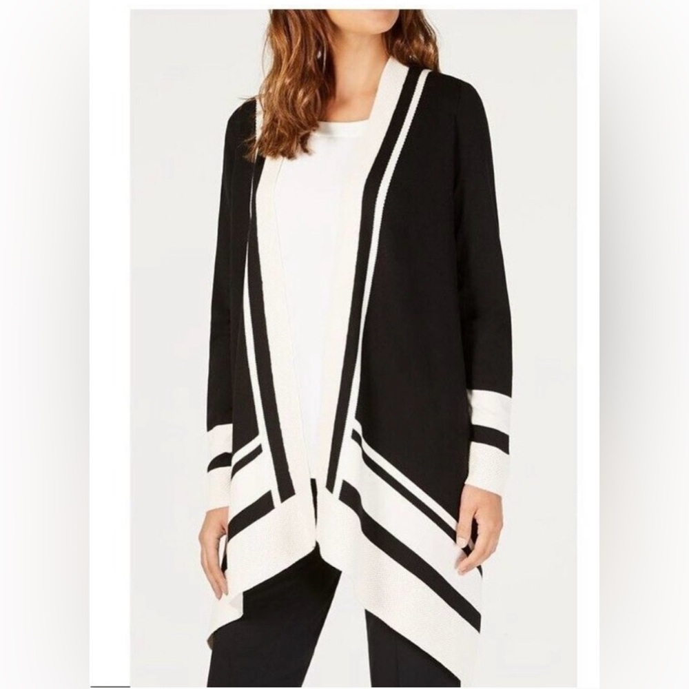Anne Klein Black/Off White Striped Open Front Sweater Size M